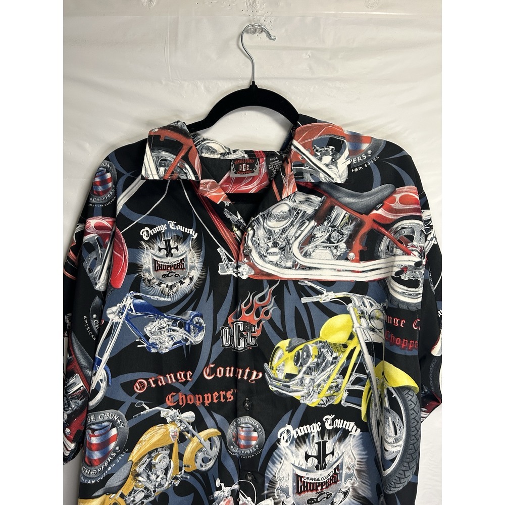 Vintage Orange County‎ Choppers Shirt Men's Large All Over Print Black Button Up